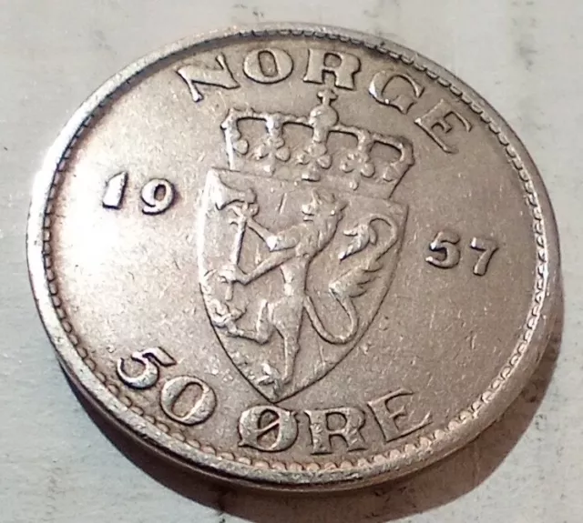 50 Ore 1957 Norway Coin Haakon VII Norges Konge Øre