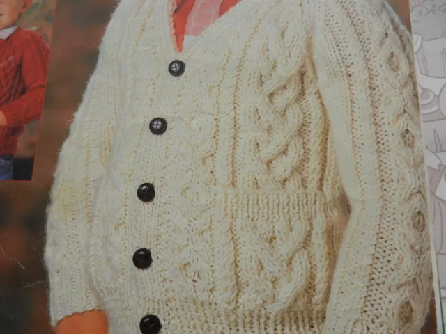 Girls Boys Aran Cardigan Round V Neck 22-30" Chest Vintage Knitting Pattern