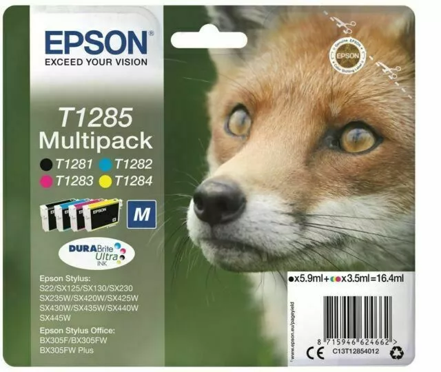 Epson T1285 Fox Genuine Multipack, 4-colours Ink Cartridges, DURABrite Ultra Ink