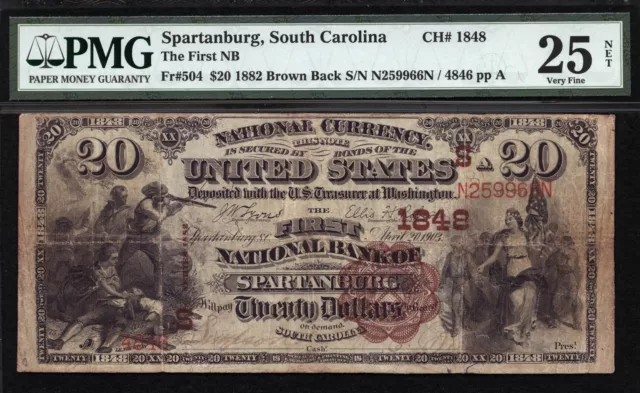 $20 1882 Brown Back  The First National Bank of Spartanburg, South Carolina RARE