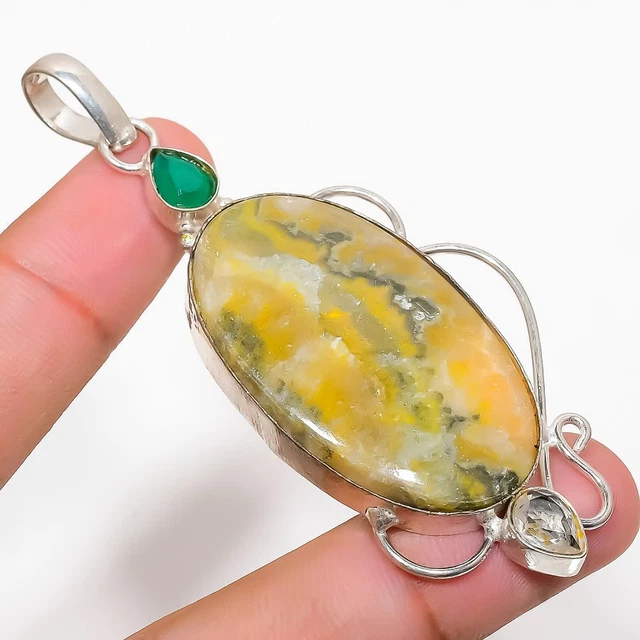 Bumble Bee Jasper, Onyx Gemstone 925 Sterling Silver Jewelry Pendant 3.07"
