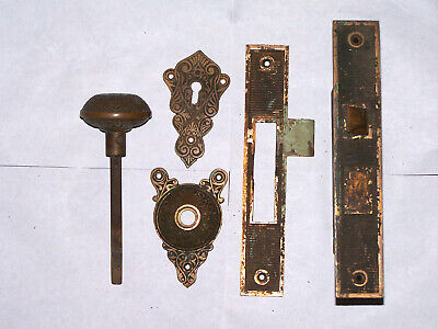 Large Antique Mortise Door Lock STRIKE, KNOB, BACKPLATE, KEY HOLE COVER Very Orn
