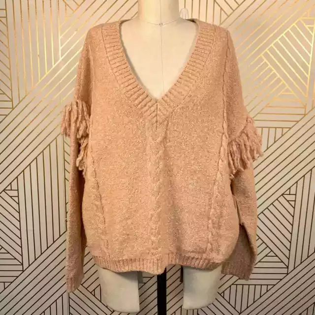NWT Tularosa Lonestar Fringe Sleeve V-Neck Sweater in Peach Pink Size S