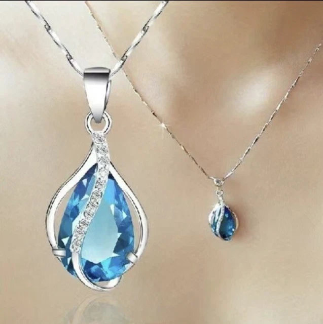 Exquisite 925 Silver Plated Teardrop Cut Aquamarine Gemstone Pendant Necklace BN