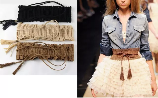 Vintage Women Girl Lace Fringed Tassel Elastic Cinch Wide Waist Belt Waistband