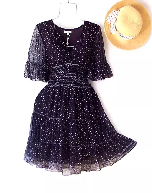 New~$138~Max Studio~Black & White Ivory Polka Dot Smocked Dress~Size Medium M