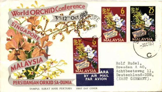 Malaysia FD-cover Par Avion World Orchid Conference FD-c. Singapore 30.10.1963