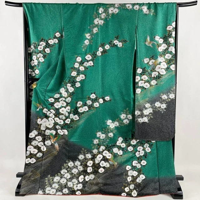 Woman Japanese Kimono Furisode Silk Bird Camellia Gold Silver Embroidery Green