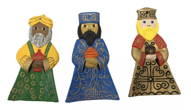 Hand Painted Three Wise Men Nativity 4.25” Etched Ceramic Christmas Ornament Set