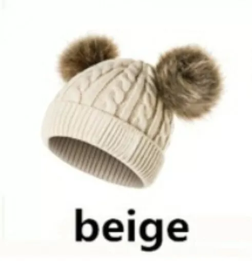 Casquette Beige Chaud pour Enfants Avec 2 Pompon