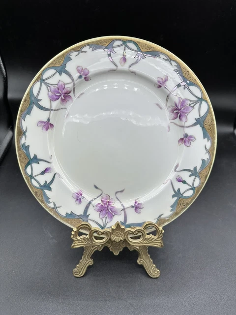Antique Hand Painted Nippon Plate, Purple Flowers Violets And Gold Gilding, 8.5”