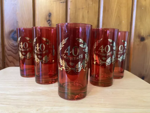 Lot of 6 vintage drinking glasses 40th Anniversary Ruby Red  West Virginia Glass