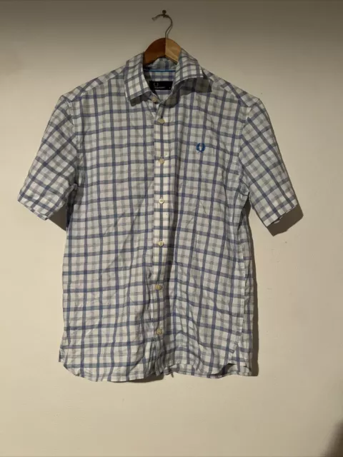 FRED PERRY Men's M9604 Short Sleeve Gingham Check Shirt MEDIUM Aqua Blue