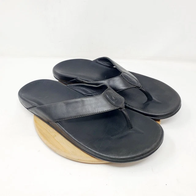 Olukai Leather Sandals Mens 12 Black Flip Flop Thong Auinala Shoe Resort Comfort