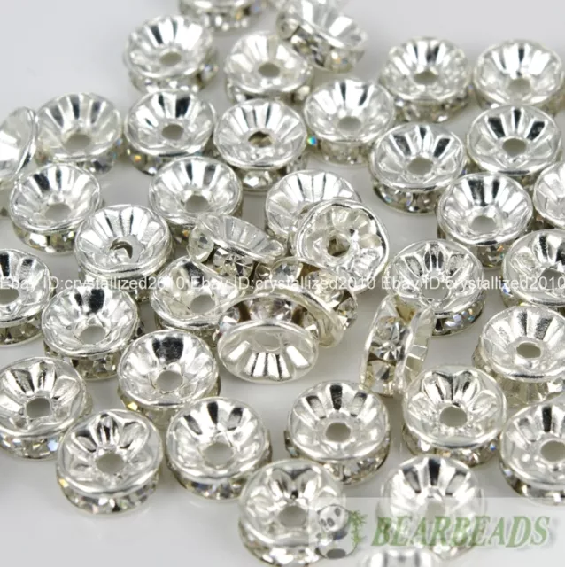 100 Czech Crystal Rhinestone Silver Rondelle Spacer Beads 4mm 5mm 6mm 8mm 10mm