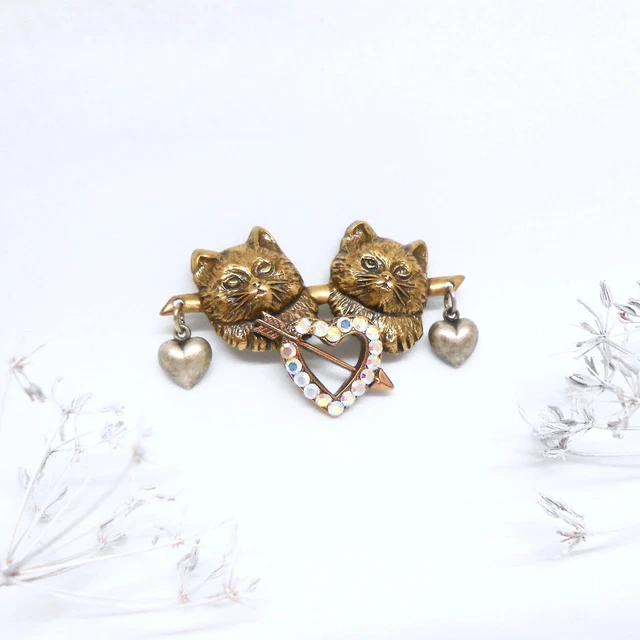 Broche Vintage 'Rosebud' - Couple De Chats En Bronze Avec Cœurs Et Strass Cristal - Neuf Avec étiquettes