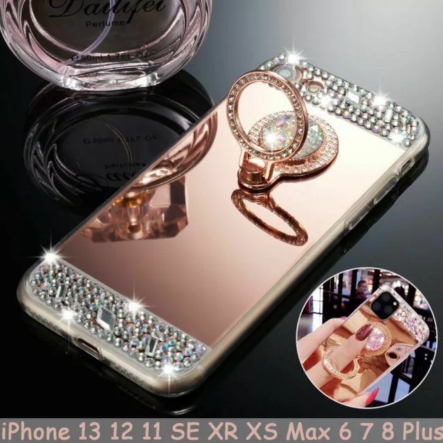 For iPhone 14 13 12 11 XR 8 7 SE Diamond Mirror TPU Case Ring Stand Holder Cover