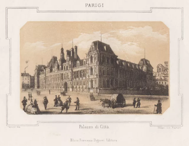 Paris Rathaus Original Lithografie Bertotti 1850