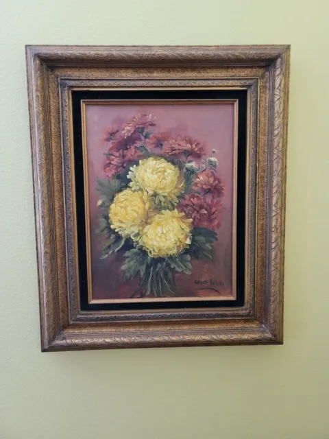 Vintage Grace Harvey Floral Oil Painting On Canvas in an elegant wooden frame