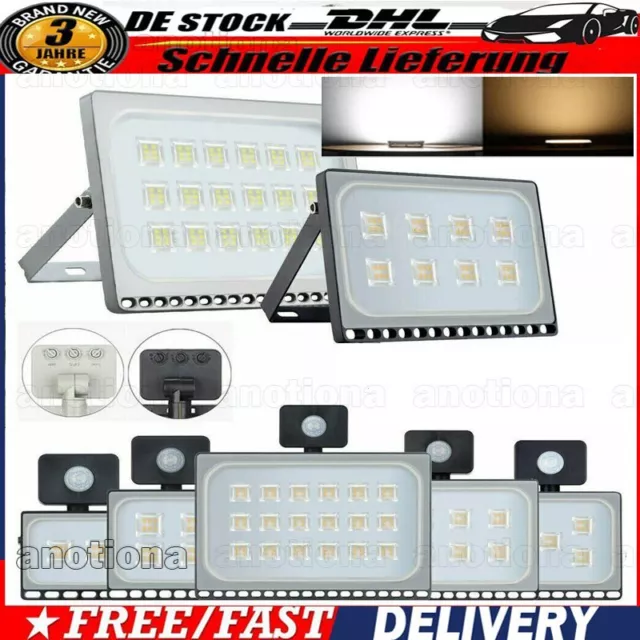 10-100W LED Fluter mit Bewegungsmelder PIR-Sensor Außenleuchte Außen Strahler