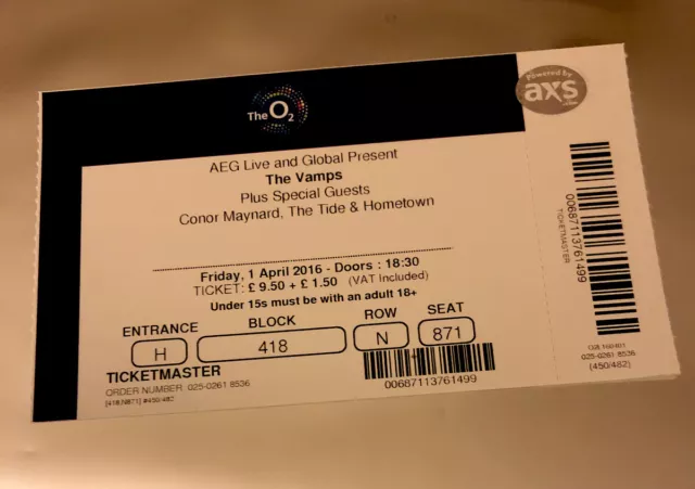 THE VAMPS TICKET 'Wake Up World Tour' O2 Arena London 1st April 2016 Like New!