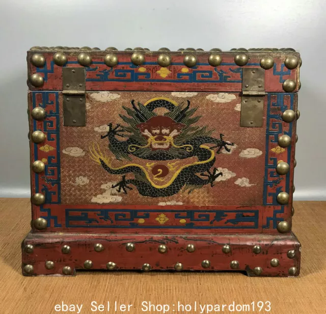 13.6" Old Chinese Lacquerware Wood Painting Dynasty Dragon Storage Box Chest 3