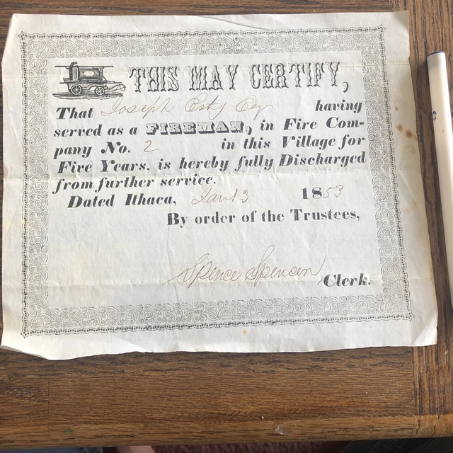 Ithaca New York 1853 Firemans discharge certificate￼(c my civil war letter too)