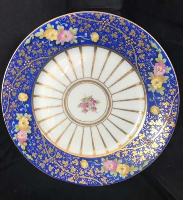 Antique Ambrosius Lamm Dresden Hand Painted Royal Blue & Gold Salad Plate