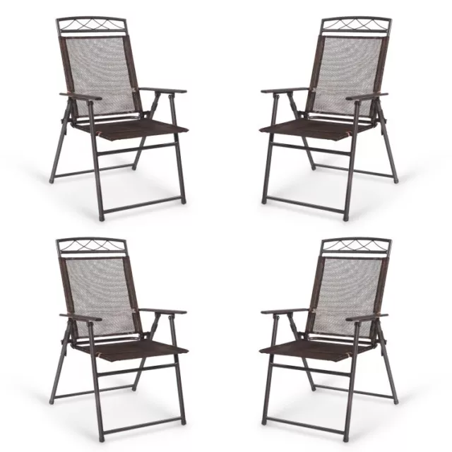 Set of 4 Patio Folding Sling Chairs Steel Textilene Camping Deck Garden Backyard