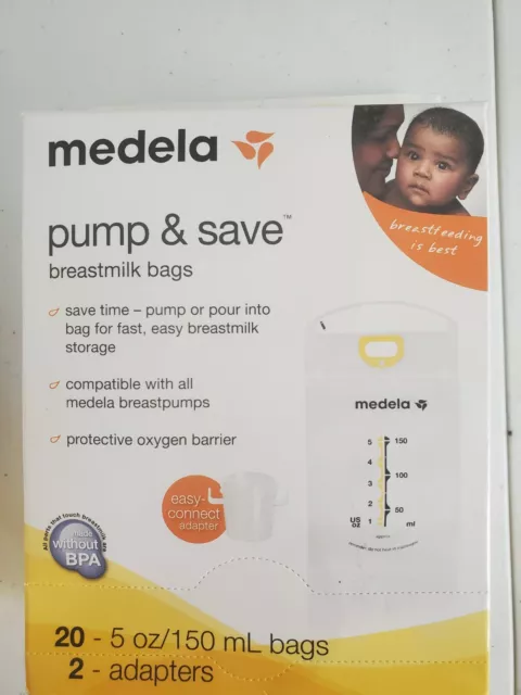 Medela Pump And Save Breastmilk Bags 20 5oz Bags with 2 adapters New in box