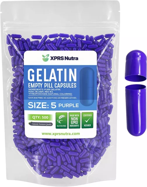 Size 5 Purple Empty Gelatin Pill Capsules Kosher Gel Caps Gluten-Free USA Made