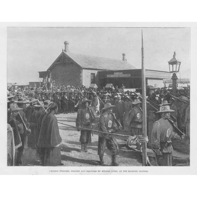CHINA Soldiers at the Railway Station in Tientsin - Antique Print 1900