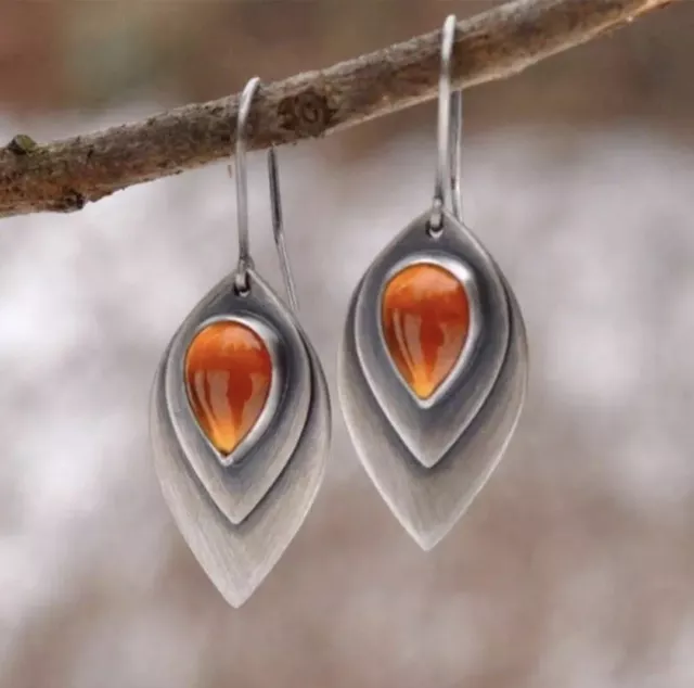 Boho Ethnic Silver Orange Stone Tear Drop Dangle Earrings UK