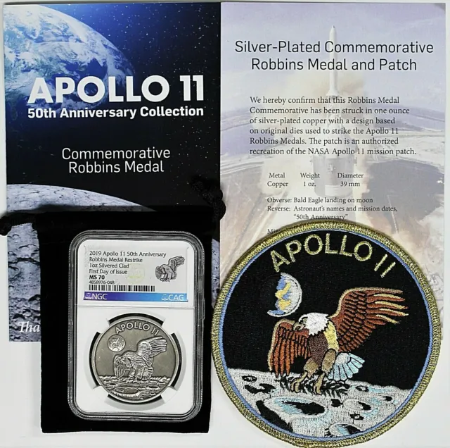 2019 Apollo 11 50th Anniv 1oz Silvered Clad Robbins Medal Restrike NGC MS70 FDOI