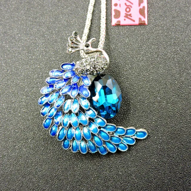 Women's Blue Crystal Enamel Peacock Pendant Betsey Johnson Long Necklace/Brooch