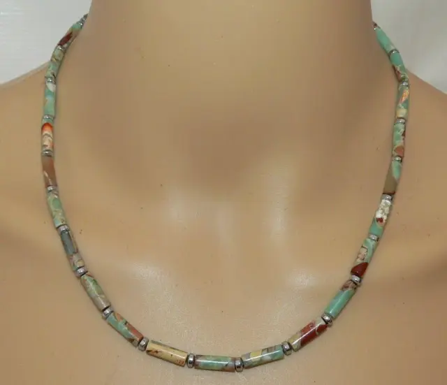 Halskette Schmuck,- Edelstein Impression Jaspis mehrfarbig terrakotta aqua  219b