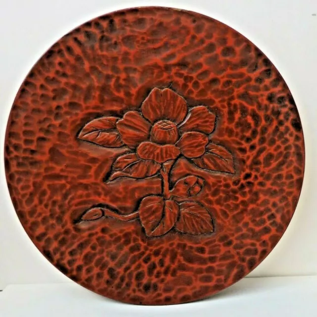 Japanese Kamakura-Bori 9.5" Hand Carved Wood Floral Red Lacquer Ware Plate Sgnd