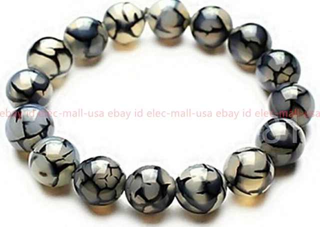 10MM Natural Black Dragon Veins Agate Round Gemstone Stretchy Bangle Bracelet