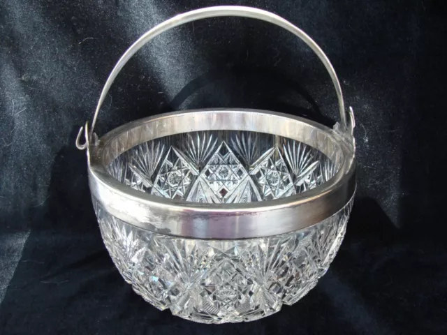 Antique Hawkes Gladys American Brilliant Cut Glass Silver Handle Basket Bowl