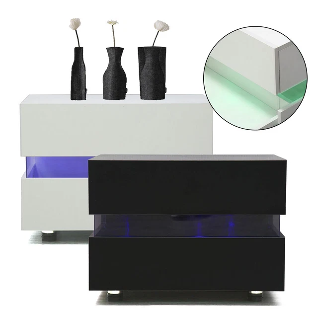 Modern LED High Gloss Bedside End Table 2 Drawers Nightstand Cabinet Black/White