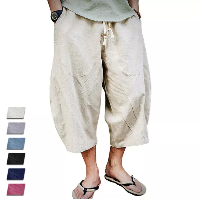 Mens Casual Cotton Linen Shorts 3/4 Length Fitness Baggy Loose Pants Plus Size