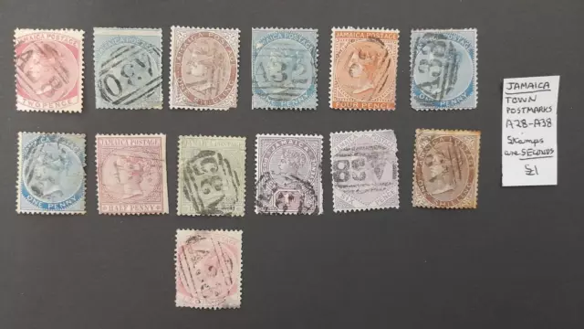 Jamaica QV stamps x 13 values Town postmarks A28-A38 Used/Seconds
