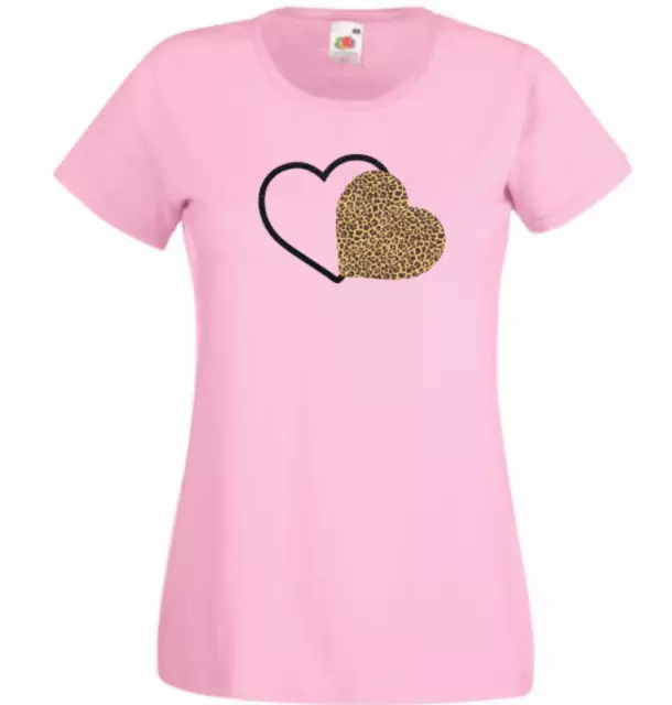 Double heart design t shirt leopard print pink white or grey 8-20 women's top uk
