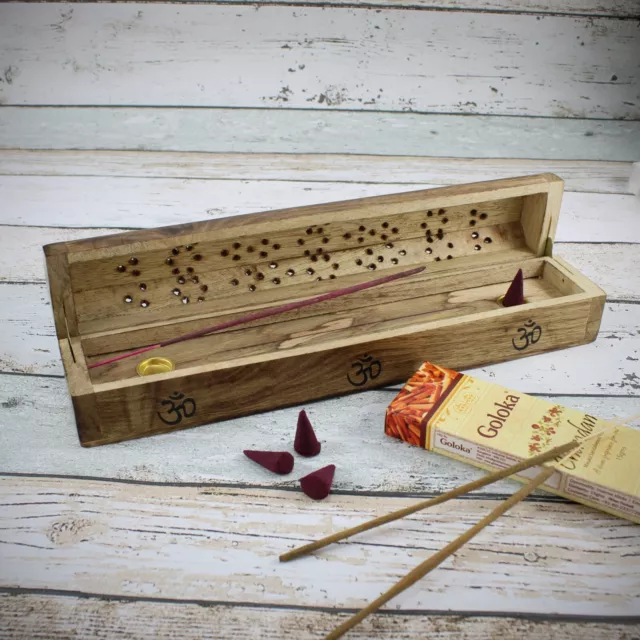 Budawi® Räucherstäbchen Box Halter aus Holz für Stäbchen & Kegel OM Motiv