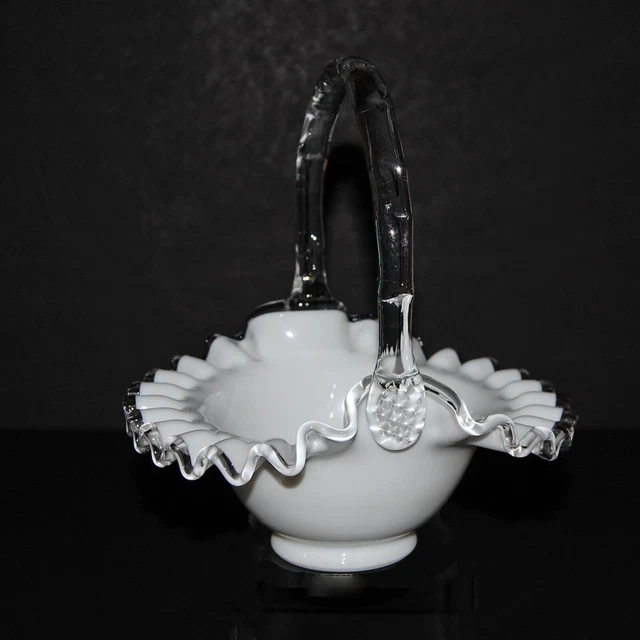FENTON Milk Glass Clear Handle Silver Crest 7" Basket