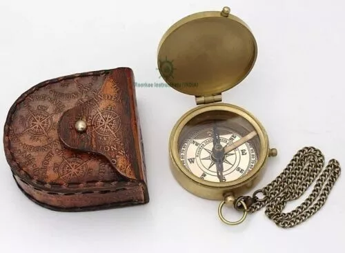 Nautical Vintage Antique 2"Brass Direction Compass With Leather Case Christmas