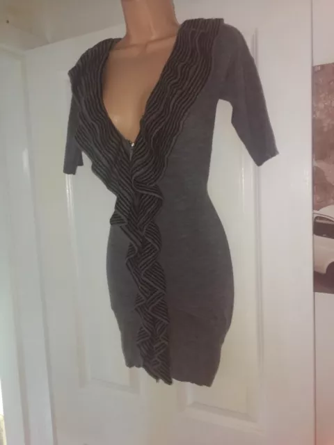 Karen Millen Stunning Marl Grey Frilled Zipped  Knit Dress Size 2 10-12