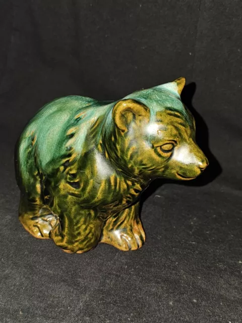 Vintage Green Drip Glaze Redware  Bear Figurine