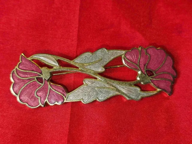 Pink Flowers And Gold Tone Enamel Brooch