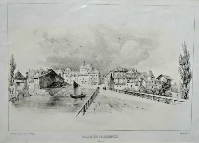 VILLE PLAISANCE Gers LITHOGRAPHIE Tirpenne Philippe Guienne Monumentale XIX°